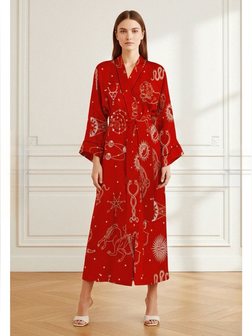 Kyle Richards X Shahida Red Midi Length Silk Kimono Robe